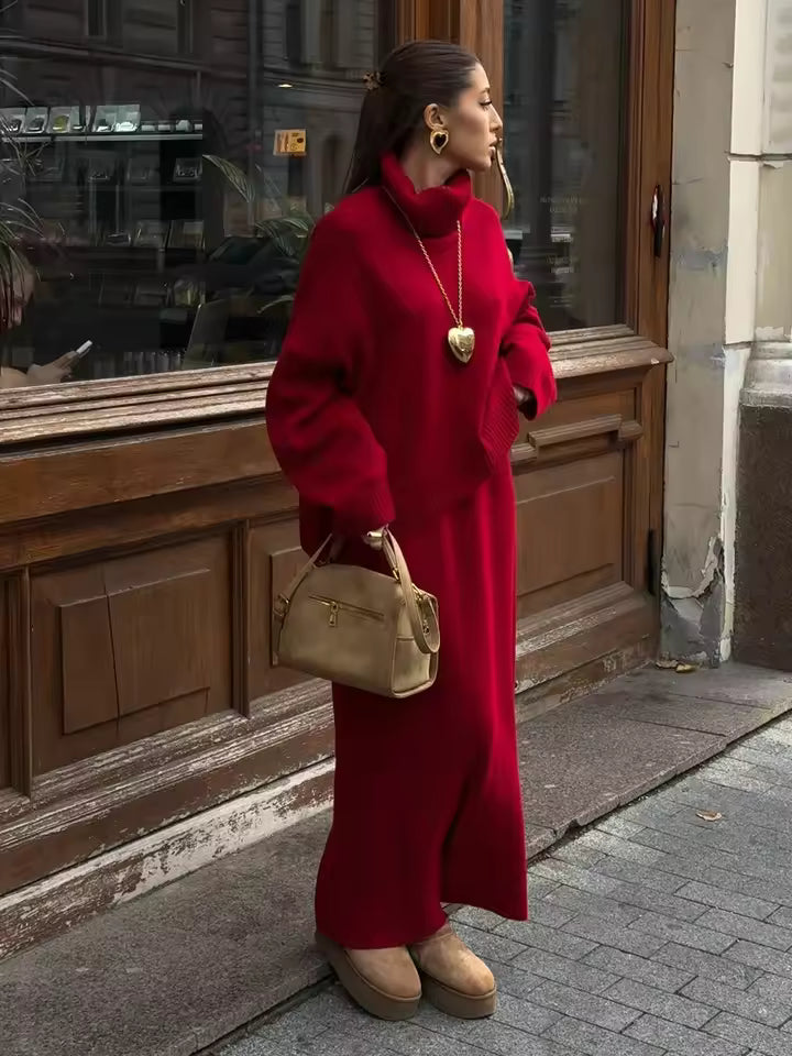 Damset – Stickad Polotröja Oversize och Maxikjol – Mjuk Ullkänsla – Avslappnad Passform