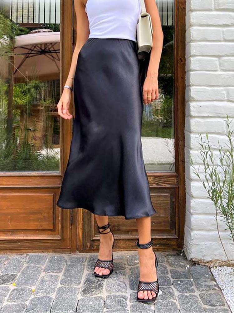 Dam Midikjol - Satin - Hög Midja - Elegant och Stilsäker Design