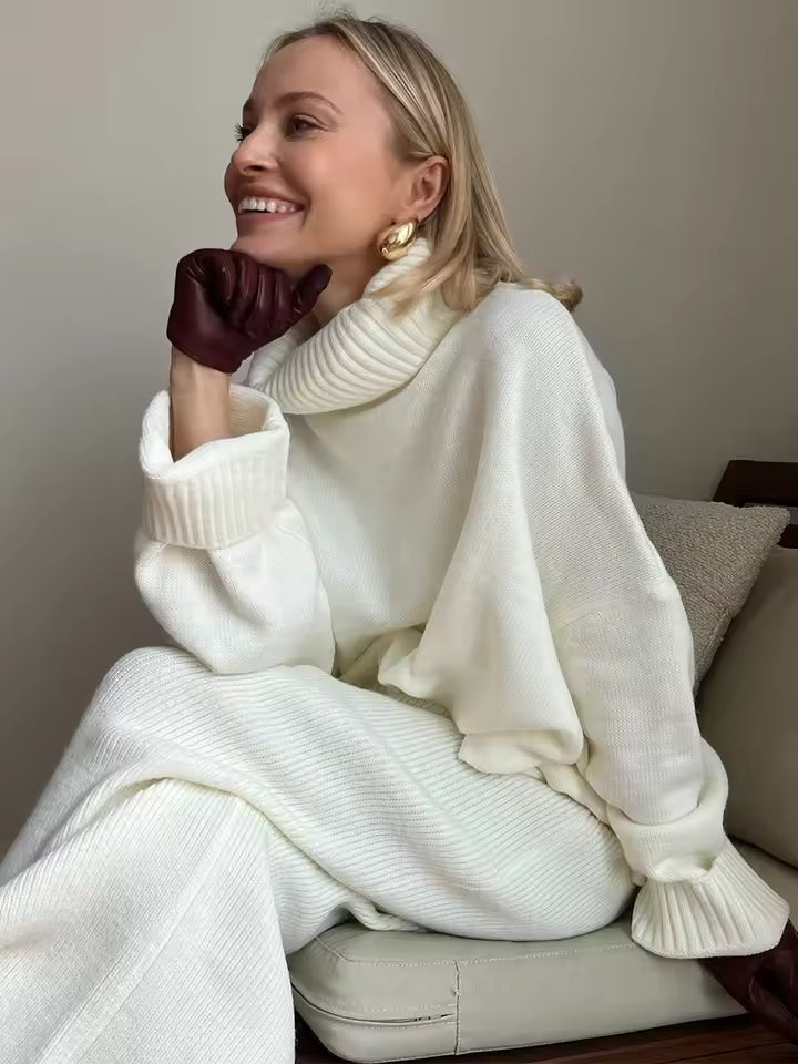 Damset – Stickad Polotröja Oversize och Maxikjol – Mjuk Ullkänsla – Avslappnad Passform