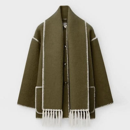 Kvinnors Cape Kappa - Elegant Lös Passform - Knäppning & Fickor - Scarf med Franskant