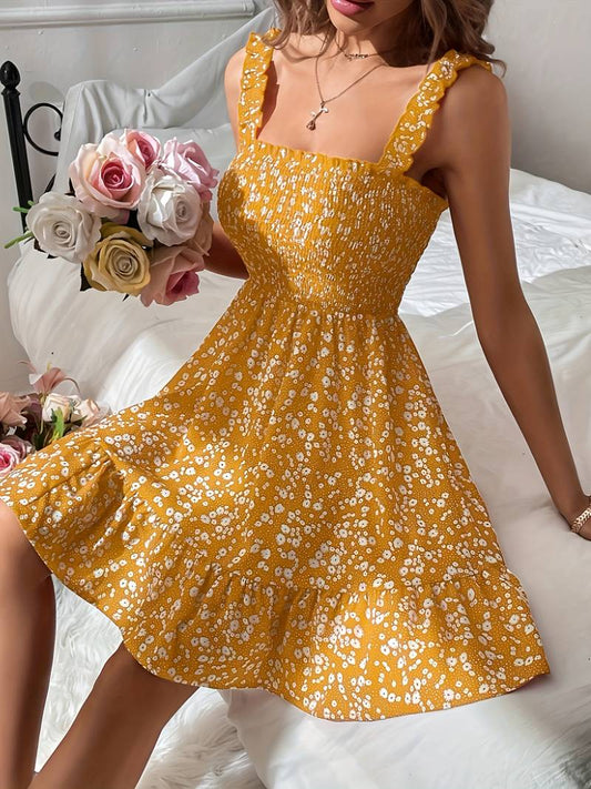 Klänning Dam - Ärmlös Smockad Bodice - Fyrkantig Halsringning - Blommigt Mönster - Vardagsbruk