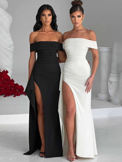 Elegant aftonklänning för dam – Off-shoulder – Figurnära passform – Golvlång med hög slits