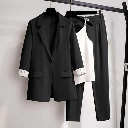 Dam Blazer Set – Skräddad Passform – Enkelknäppning – Slagkrage – Uppvikta Manschetter