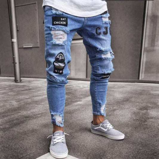 Herrjeans – Skinny Tapered Fit – Broderade Patches – Sliten Streetwear Look