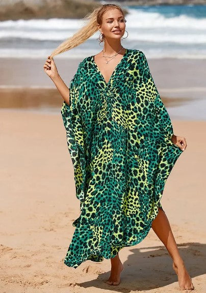 Dam Kaftan - Lätt och Luftig - Djurmönstrad - V-ringning - Vida Ärmar - Strandmode