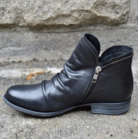 Dam Ankelboots – Slät Läder – Låg Klack – Dragkedja – Rynkad Framsida