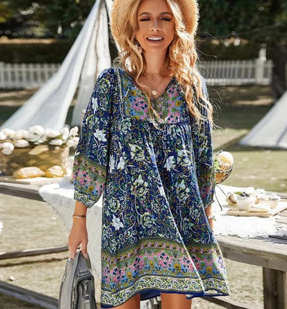 Damklänning – Boho Stil – Blommigt Mönster – V-ringning – Långa Ärmar – Lös Passform