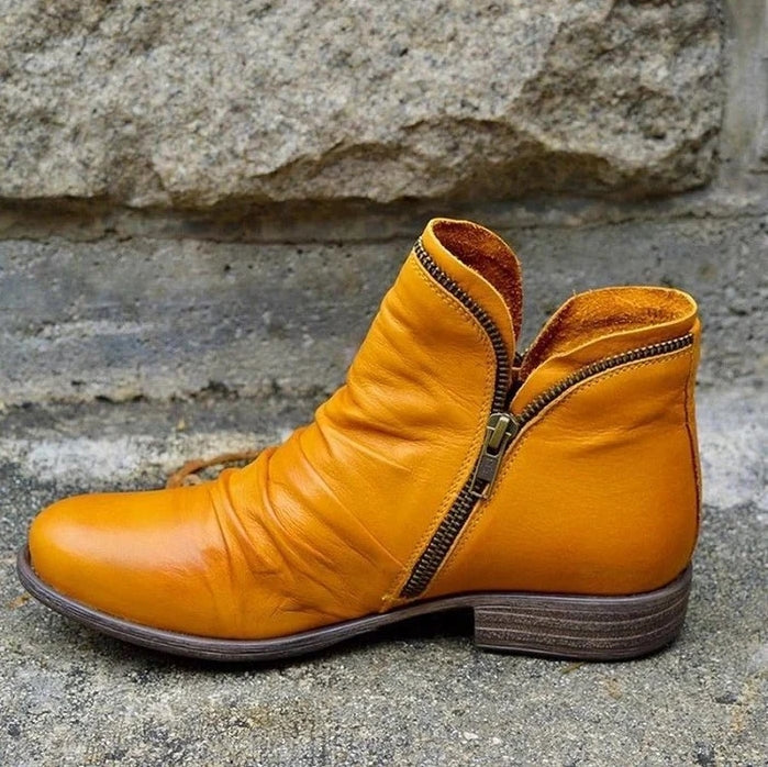 Dam Ankelboots – Slät Läder – Låg Klack – Dragkedja – Rynkad Framsida