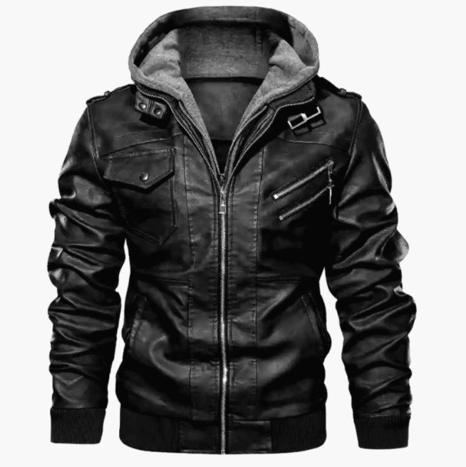 Herrjacka i Läder – Slim Fit – Huva med Fleecefoder – Dragkedja – Epåletter
