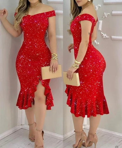 Klänning för dam – Off-shoulder – Figurnära passform – Hög-låg volangfåll – Blommigt mönster
