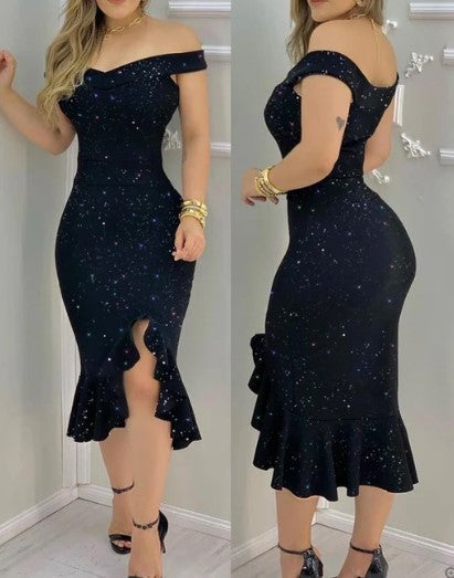 Klänning för dam – Off-shoulder – Figurnära passform – Hög-låg volangfåll – Blommigt mönster