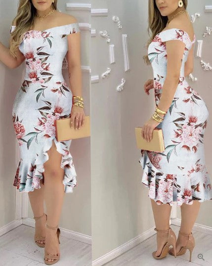 Klänning för dam – Off-shoulder – Figurnära passform – Hög-låg volangfåll – Blommigt mönster