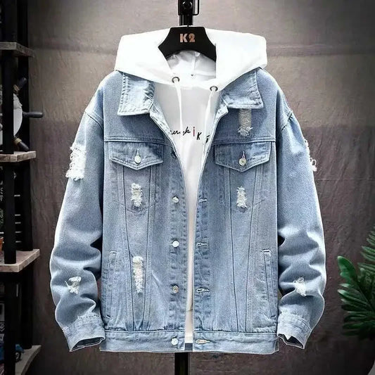 Herrjacka i denim – Lös passform – Slitna detaljer – Enkelknäppt streetwear