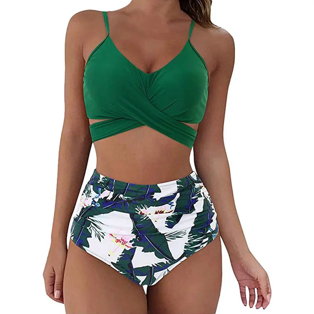 Dam Bikini Set – Slim Fit – Korsad V-ringad Topp – Höga Rynkade Trosor