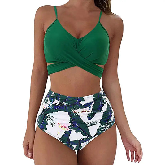 Dam Bikini Set – Slim Fit – Korsad V-ringad Topp – Höga Rynkade Trosor