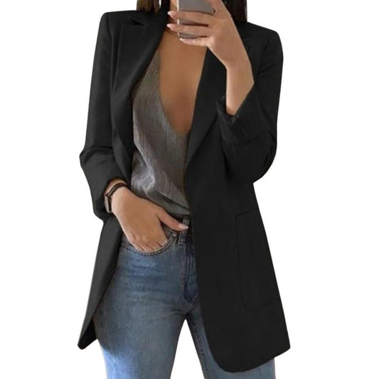 Dam Blazer – Skräddad Passform – Höftlängd – Öppen Front – Stora Fickor – Notchkrage