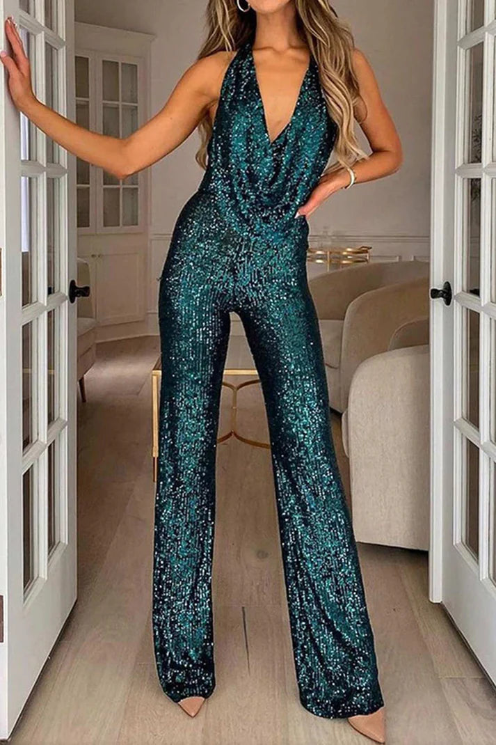 Dam Jumpsuit – Figurnära Passform – Paljettdekor – Halterneck med Droppad Krage