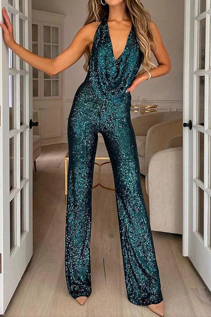 Dam Jumpsuit – Figurnära Passform – Paljettdekor – Halterneck med Droppad Krage