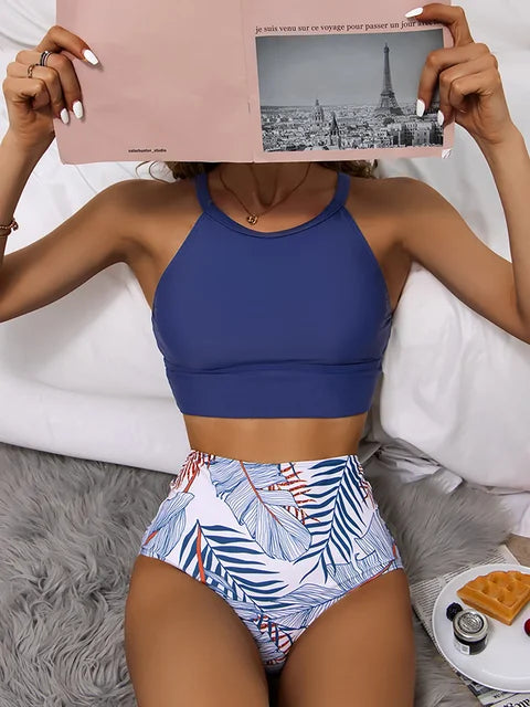 Dam Bikini Set – Hög Hals Topp – Hög Midja – Stretchig Passform – Retrostil