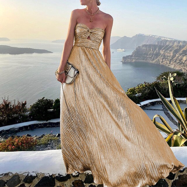 Dam Maxi Klänning – Strapless Sweetheart Hals – Elegant Festklänning – Veckad Design