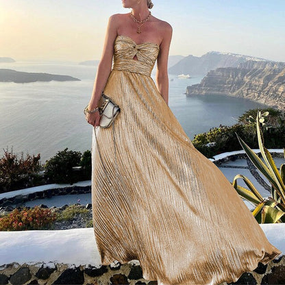 Dam Maxi Klänning – Strapless Sweetheart Hals – Elegant Festklänning – Veckad Design