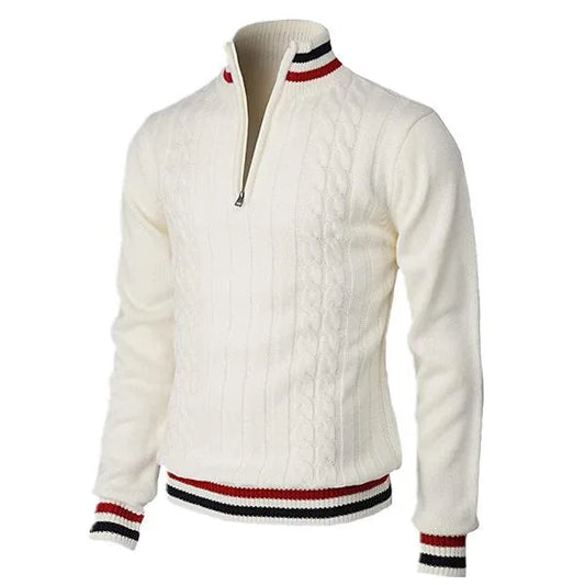 Herrtröja med polokrage – Ull – Slim Fit – Zipkrage – Kabelstickad – Lång ärm