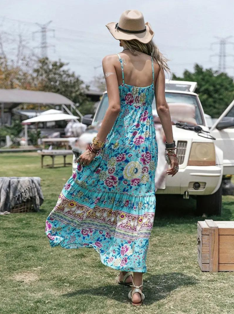 Maxiklänning Dam - Bohemisk Stil - Blommigt Mönster - Lätt och Luftig - Figurnära Midja