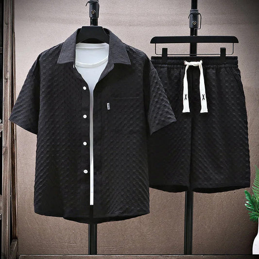 Herr Streetwear Set – Avslappnad Passform – Texturerat Tyg – Skjorta & Shorts