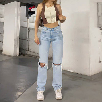 Dam Jeans – Hög Midja – Vida Ben – Slapp Passform – Slitna Detaljer