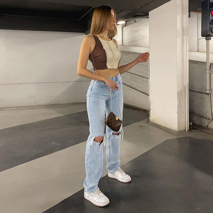 Dam Jeans – Hög Midja – Vida Ben – Slapp Passform – Slitna Detaljer
