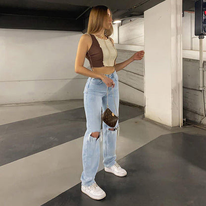Dam Jeans – Hög Midja – Vida Ben – Slapp Passform – Slitna Detaljer