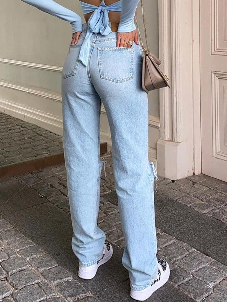 Dam Jeans – Hög Midja – Vida Ben – Slapp Passform – Slitna Detaljer