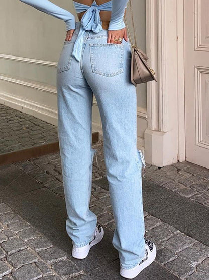 Dam Jeans – Hög Midja – Vida Ben – Slapp Passform – Slitna Detaljer