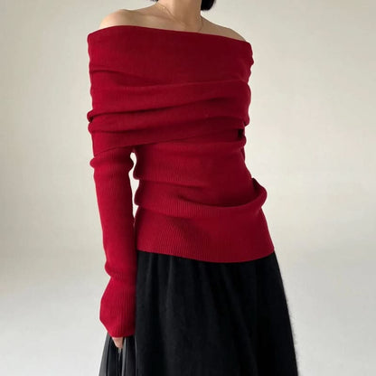Off-shoulder ribbstickad topp – Figurnära passform – Draperad vikdesign – Långärmad