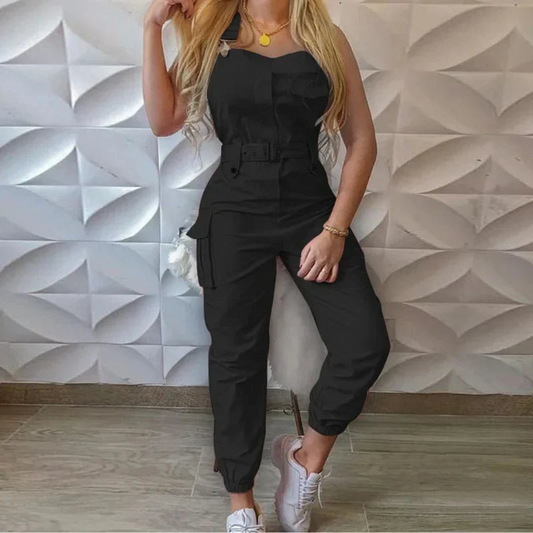 Dam Jumpsuit – Figursydd Passform – Ärmfri – Midjebälte – Cargo Fickor – Avsmalnande Ben