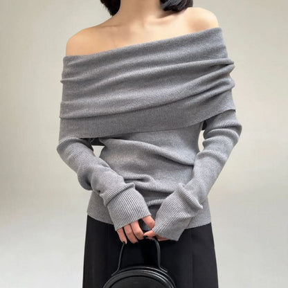 Off-shoulder ribbstickad topp – Figurnära passform – Draperad vikdesign – Långärmad