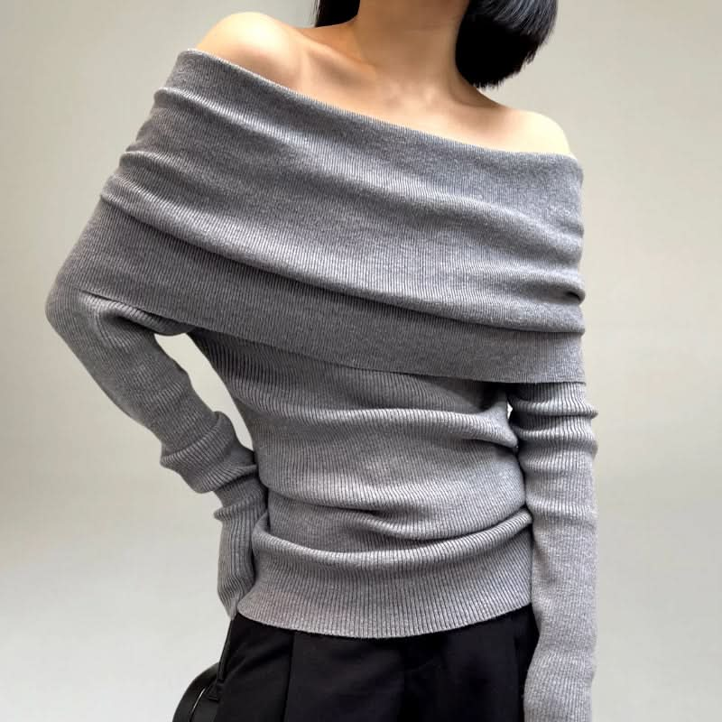 Elegant röd ribbstickad topp med off-shoulder och unik design för kvinnor