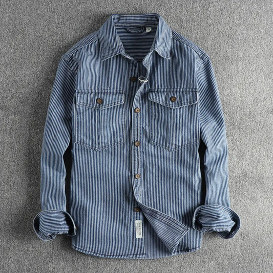 Herr Jeansjacka - Klassisk Pinstripe - Knappstängning - Bröstfickor