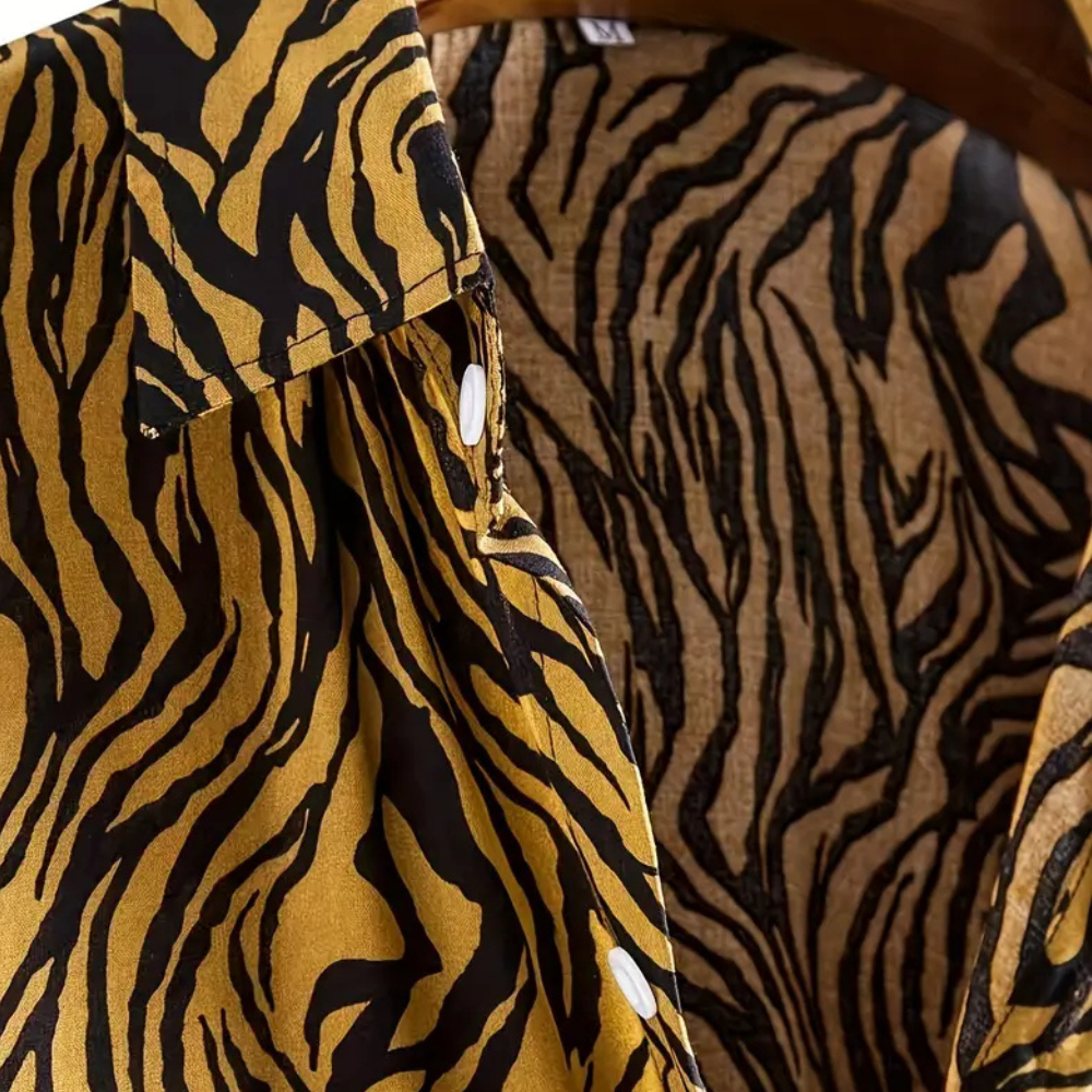 Herr Skjorta - Kortärmad Button-Up - Zebra Mönster - Normal Passform