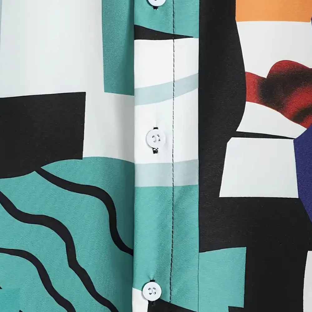 Herr Skjorta - Kortärmad Button-Up - Geometriskt Mönster - Avslappnad Passform