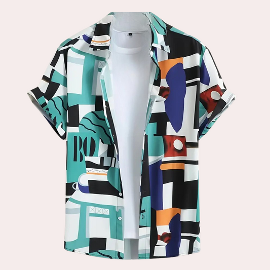 Herr Skjorta - Kortärmad Button-Up - Geometriskt Mönster - Avslappnad Passform