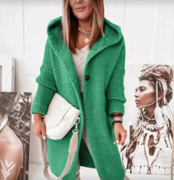 Damkofta med huva – Ullblandning – Avslappnad passform – Lång modell – Knäppning fram