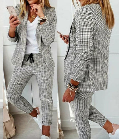 Kavaj & Byxor - Slim Fit Tvådelad Kostym - Rutat Mönster - Justerbar Midja