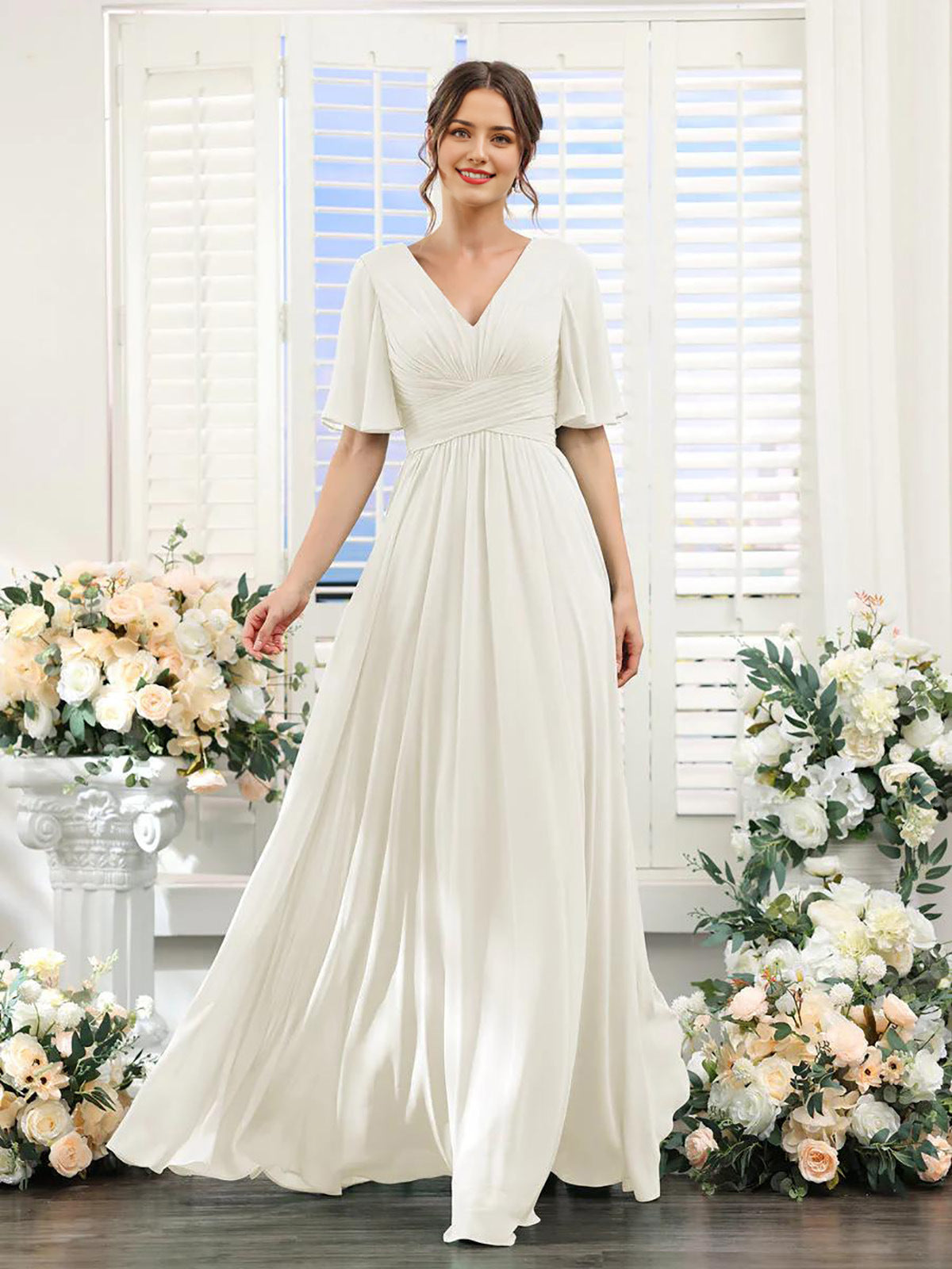 Damklänning – Chiffong – V-ringning – A-linjeformad – Hellång med volangärm