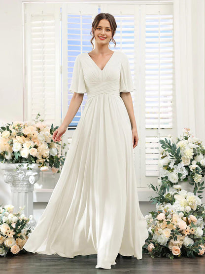 Damklänning – Chiffong – V-ringning – A-linjeformad – Hellång med volangärm