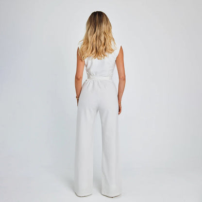 Dam Jumpsuit - V-ringning - Knytband i midjan - Vida ben - Elegant och stilren