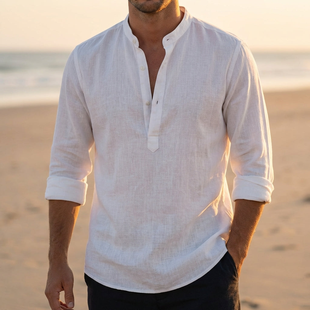 Men’s Lightweight Linen Shirt with Band Collar and Relaxed Fit