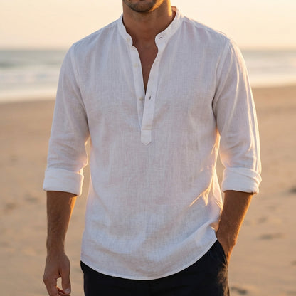 Men’s Lightweight Linen Shirt with Band Collar and Relaxed Fit
