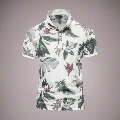 Herr Piké Polo - Andningsbar Bomull - Slim Fit - Tropiskt Blommönster - Kortärmad