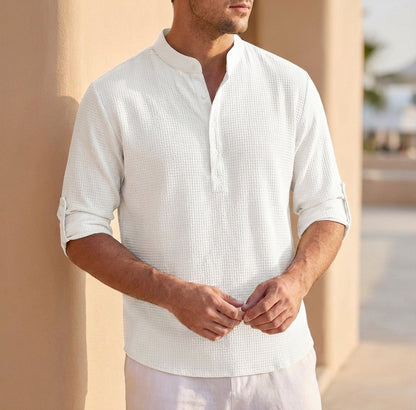 Men’s Lightweight Textured Shirt with Band Collar and Relaxed Fit